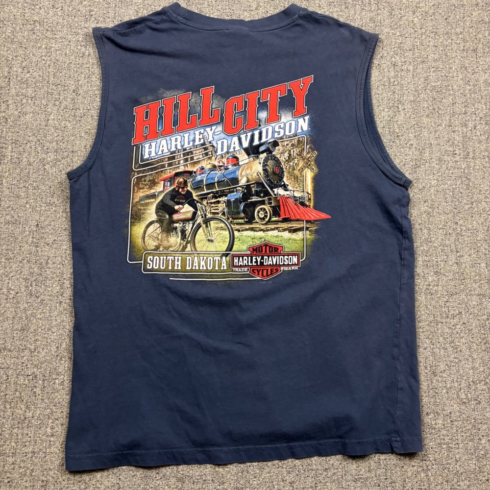 Harley-Davidson Tank Top Mens L Blue Hill City South Dakota Train Graphic Muscle